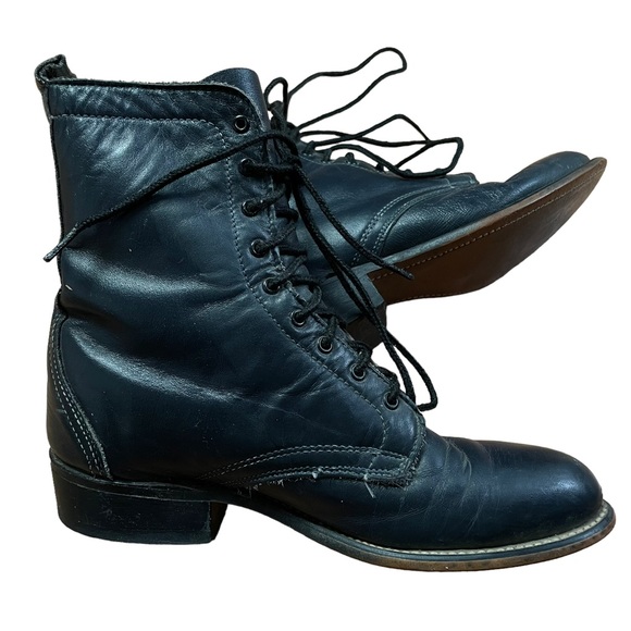 VINTAGE 90s LAREDO Leather Vamp Black Lace Up Roper Cowgirl Boots Size 6.5 - Picture 1 of 10